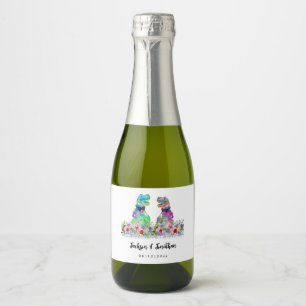 Colorful Dinosaur Gay Wedding T-Rex Two Grooms Sparkling Wine Label