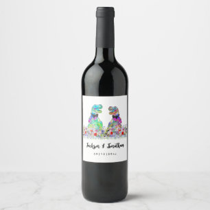 Colorful Dinosaur Gay Wedding T-Rex Two Grooms Wine Label
