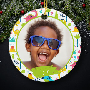 Colorful Dinosaur Pattern Kid Name Photo Christmas Ceramic Tree Decoration