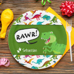 Colorful Dinosaur Pattern with Name T-Rex Green Paper Plate<br><div class="desc">Does your little boy or girl love dinosaurs? This custom birthday party paper plate is perfect! There's a big T-Rex saying RAWR, dinosaur footprints and your little kid's name on white, a green background, and a fun colorful dino pattern. This paper plate makes a great personalized addition to your birthday...</div>