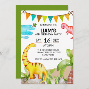 Colorful Dinosaurs Banner Fourth Birthday Party Invitation