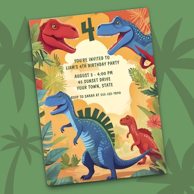 Colorful Dinosaurs Jungle Adventure 4th Birthday Invitation (Creator Uploaded)