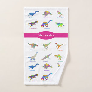 Colorful Dinosaurs with names Hot Pink Bath Towel Set