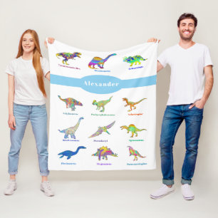 Colorful Dinosaurs with names Pattern blue Fleece Blanket