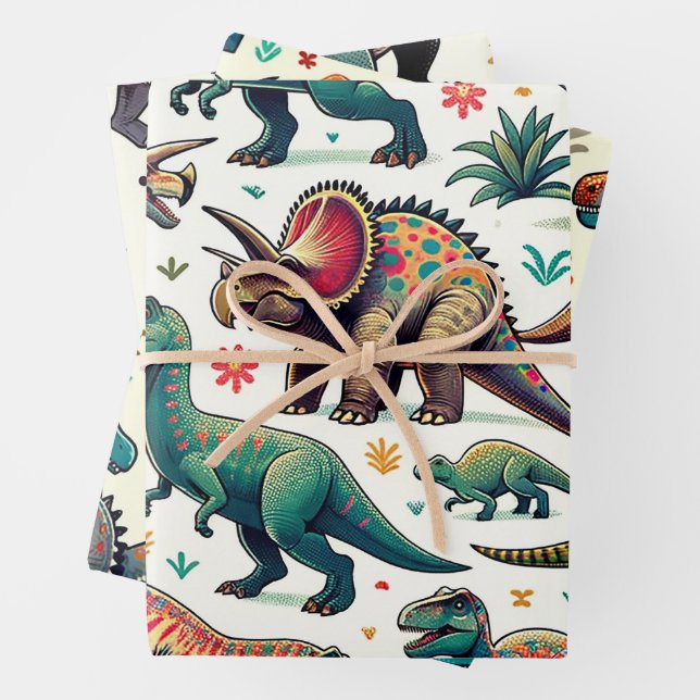 Colorful Dinosaurs Wrapping Paper Sheet (In situ)