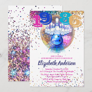 Colorful Disco Bowling 1986 40th Birthday Party Invitation