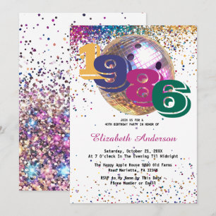 Colorful Disco Bowling Ball 1986 40th Birthday  Invitation