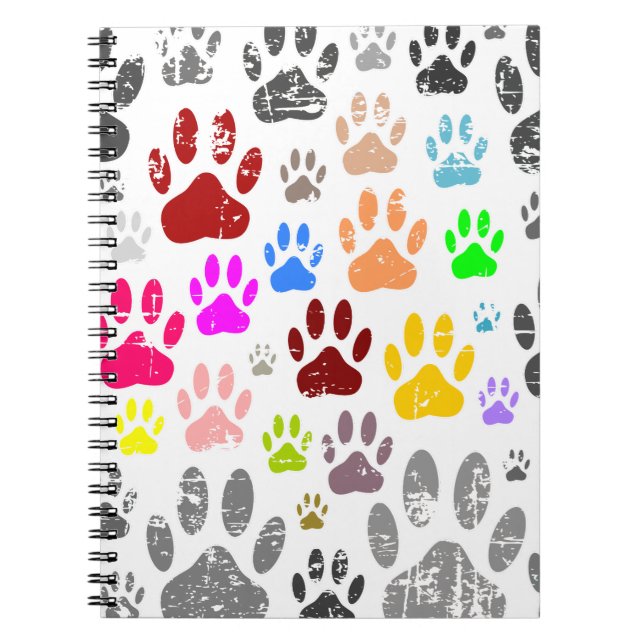 Colorful Distressed Dog Paw Prints On Gray Notebook (Front)