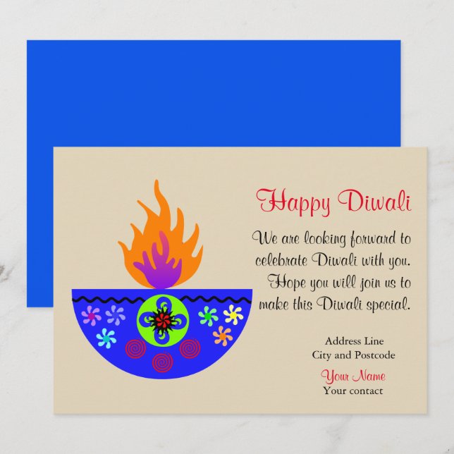 Colorful Diwali Lamp Diya Invitation (Front/Back)