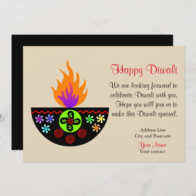 Colorful Diwali Lamp Diya Invitation (Front/Back)