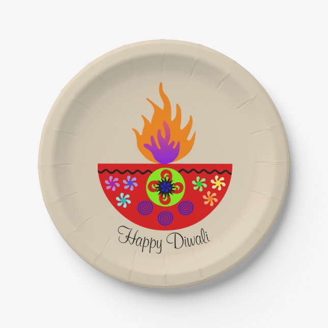 Colorful Diwali Lamp Diya Paper Plate (Front)