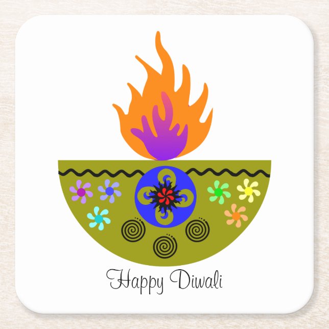 Colorful Diwali Lamp Diya Square Paper Coaster (Front)