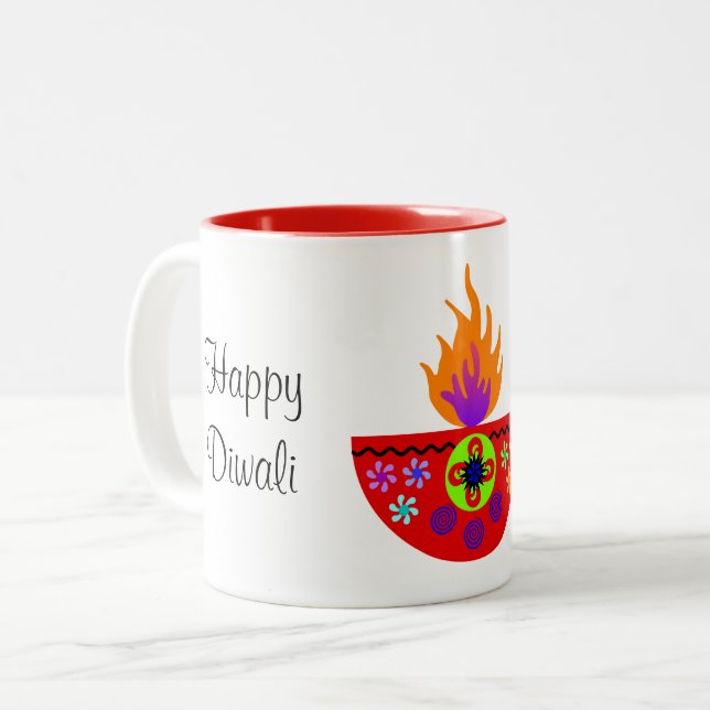 Colorful Diwali Lamp Diya Two-Tone Coffee Mug (Front Left)