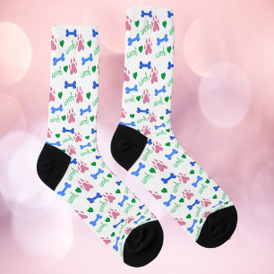 Colorful Dog Bone & Paw Woof Pink Blue Pattern Socks