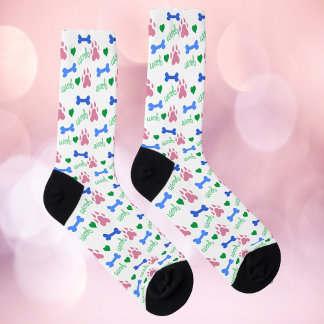 Colorful Dog Bone & Paw Woof Pink Blue Pattern Socks
