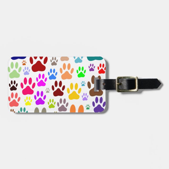 Colorful Dog Paw Prints All Over Luggage Tag (Front Horizontal)