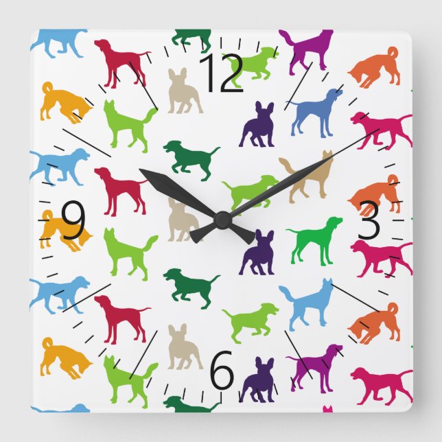 Colorful dogs silhouettes square wall clock (Front)