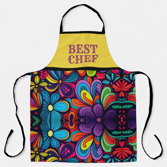 COLORFUL DOODLE ART OF FLOWERS "BEST CHEF"   APRON (Front)