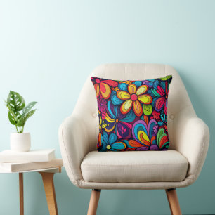 COLORFUL DOODLE FLORAL DESIGN THROW PILLOW