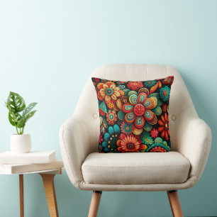 COLORFUL DOODLE FLORAL DESIGN THROW PILLOW