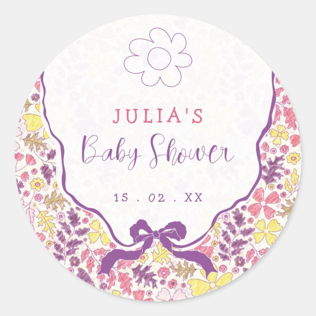 Colorful Doodle Flower Pencil Sketch Baby Shower Classic Round Sticker (Front)