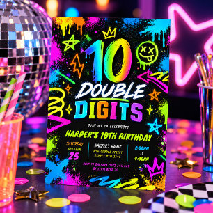 Colorful Double Digits Neon Graffiti 10th Birthday Invitation