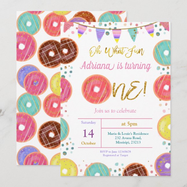 COLORFUL Doughnut First Birthday Invitation (Front/Back)