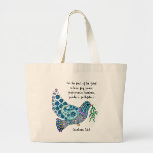 Colorful Dove w Verse about peace (Galatians 5:22) Large Tote Bag