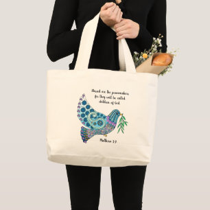 Colorful Dove w Verse about peace (Matthew 5:9) Large Tote Bag