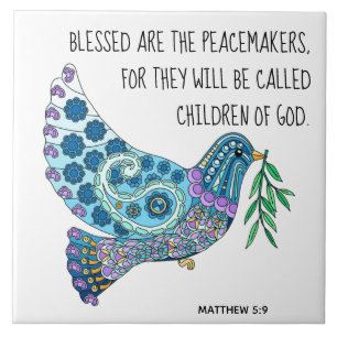 Colorful Dove w Verse about peace (Matthew 5:9) Tile