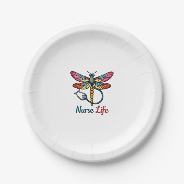 Colorful dragonfly Nurse life T-Shirt (1) Paper Plate (Front)