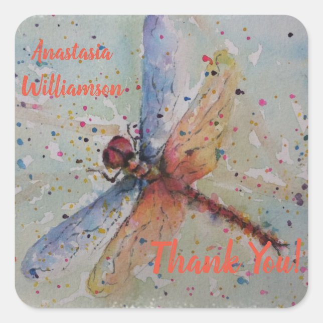 COLORFUL DRAGONFLY THANK YOU SQUARE STICKER (Front)