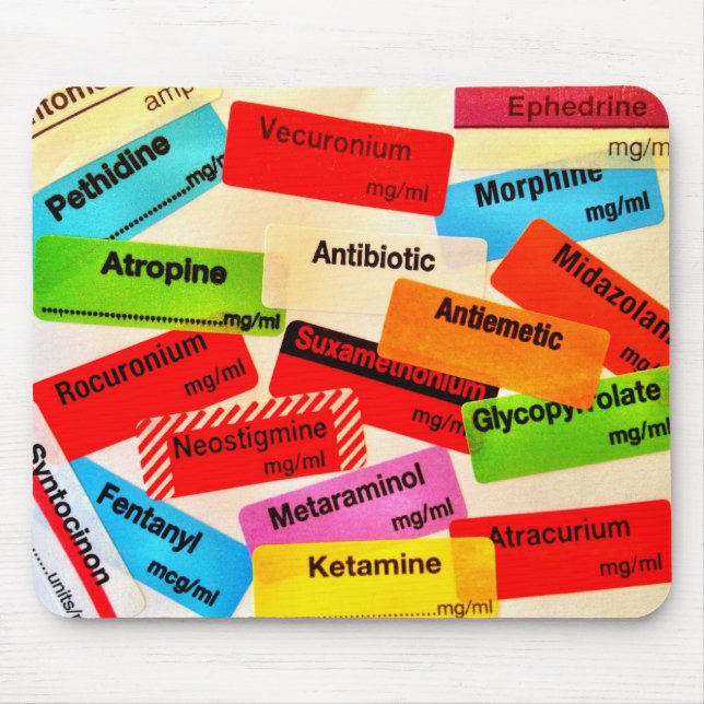 Colorful drug label mousepad (Front)