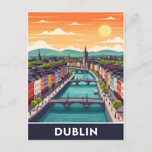Colorful Dublin Cityscape – River Liffey & Bridges Postcard (Front)