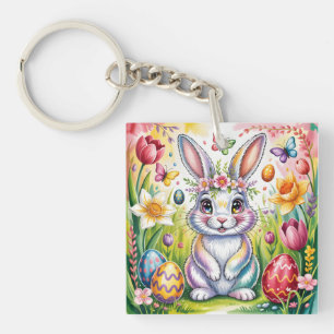 Colorful Easter Bunny Illustration with Crown Key Ring
