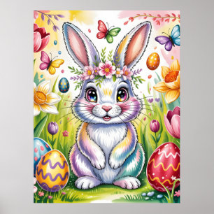 Colorful Easter Bunny Illustration with Crown  Poster