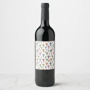 Colorful Easter cross patterned Wine Label