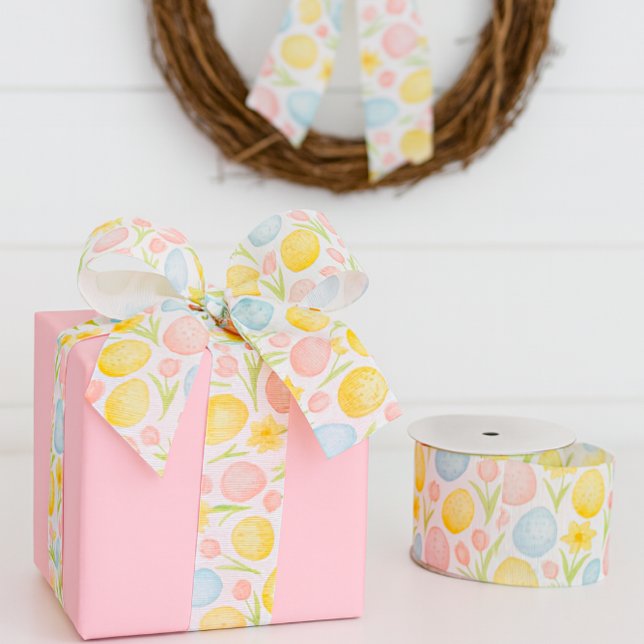 Colorful Easter Eggs and Tulips Springtime Craft Grosgrain Ribbon (Celebrate spring with this charming Easter egg and tulip ribbon perfect for gift wrapping & crafts)
