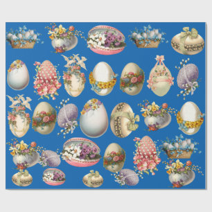 COLORFUL EASTER EGGS, FLOWERS ,WHITE DOVES IN BLUE WRAPPING PAPER