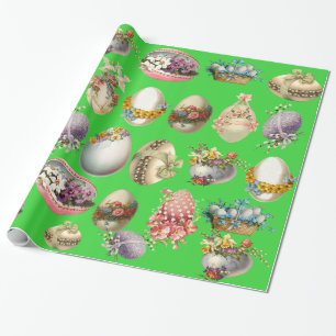 COLORFUL EASTER EGGS,FLOWERS,WHITE DOVES IN GREEN WRAPPING PAPER