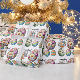 Colorful Easter Eggs Pattern Custom Name Wrapping Paper