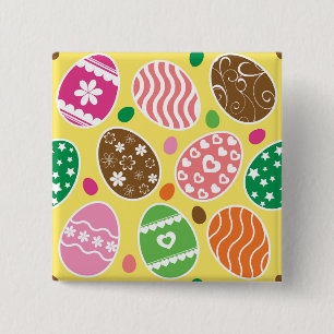 Colorful Easter Eggs Pattern Yellow Background 15 Cm Square Badge