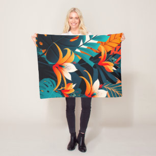 Colorful Elegant Tropical Leaves and Flowers   Fleece Blanket