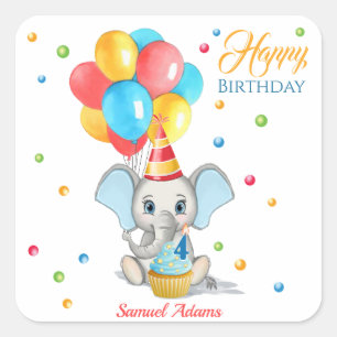 Colorful Elephant Cartoon Kids Birthday Square Sticker