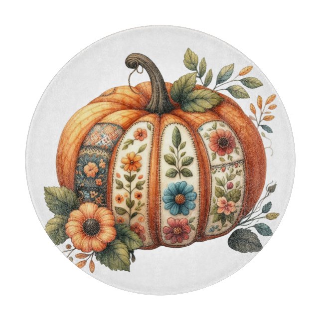 COLORFUL EMBROIDERY LOOK FALL PUMPKIN CUTTING BOARD (Front)