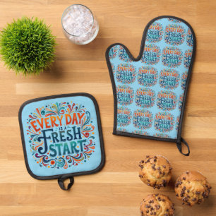 Colorful "Every Day is a Fresh Start" Motivational Oven Mitt & Pot Holder Set