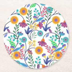 Colorful Exotic Floral Background Pattern-23145 Round Paper Coaster