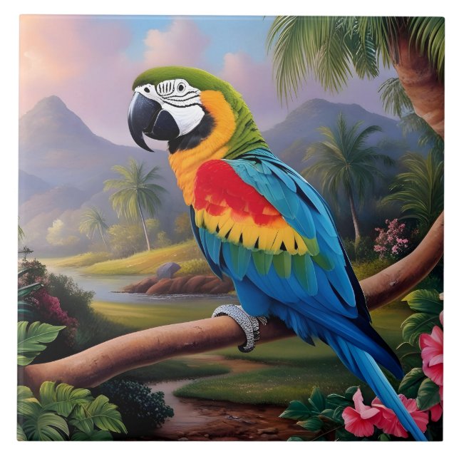 Colorful Exotic Parrot Bird on the Branch  Tile (Front)