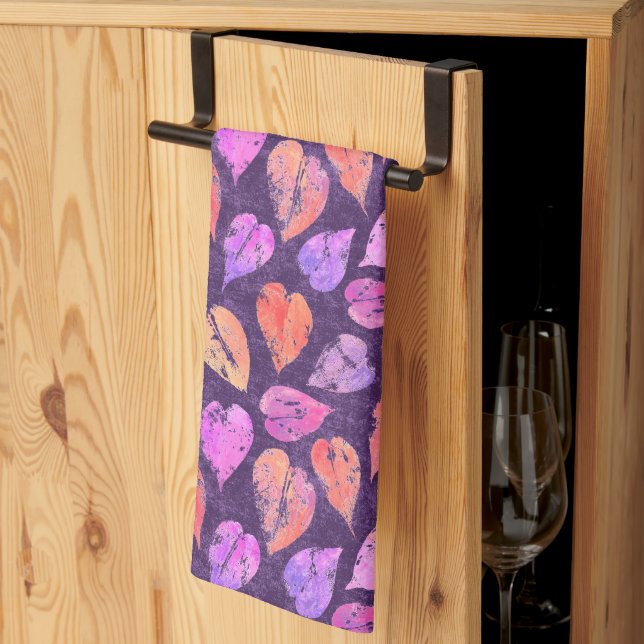 Colorful Fall Leaves On Purple Pattern Tea Towel (Thirds Fold)