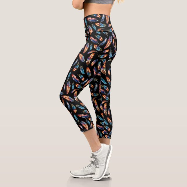 Colorful Falling Feather Art - Boho Graphic Print Capri Leggings (Left)